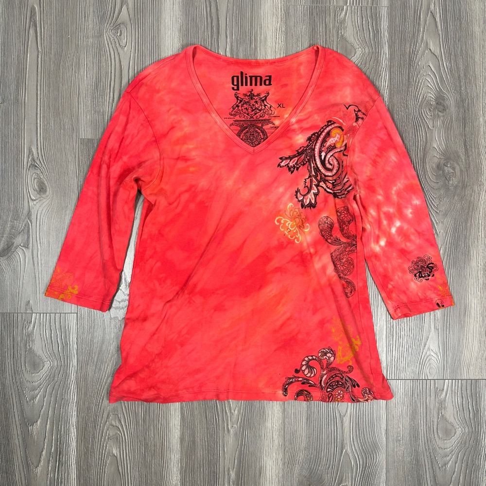 glima Y2K Red Tie Dye V Neck Top - SIZE XL Swirl Pattern